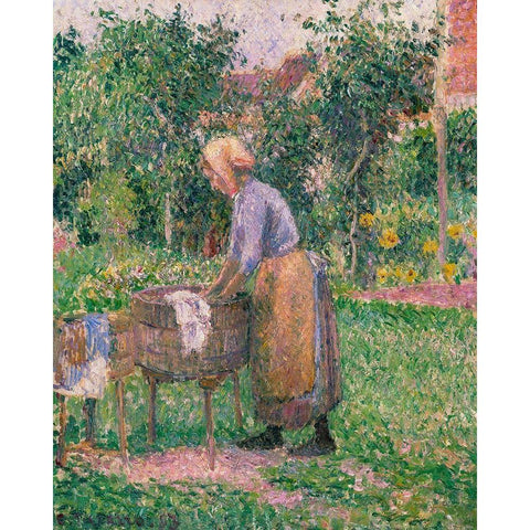 A Washerwoman at Eragny White Modern Wood Framed Art Print by Pissarro, Camille