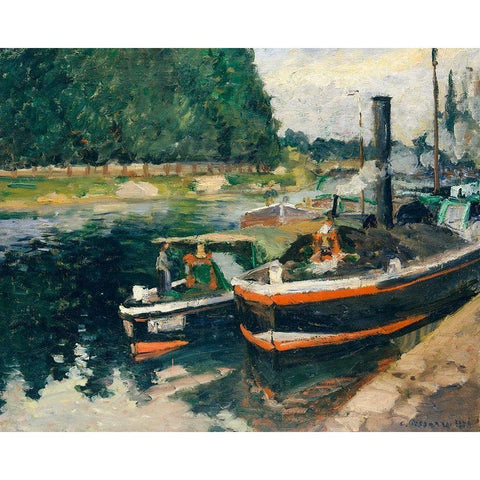 Barges at Pontoise White Modern Wood Framed Art Print by Pissarro, Camille