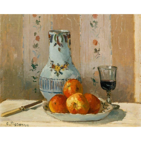 Still Life with Apples and Pitcher Gold Ornate Wood Framed Art Print with Double Matting by Pissarro, Camille