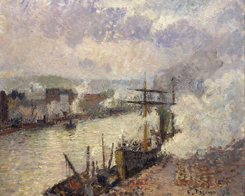 Steamboats in the Port of Rouen White Modern Wood Framed Art Print with Double Matting by Pissarro, Camille