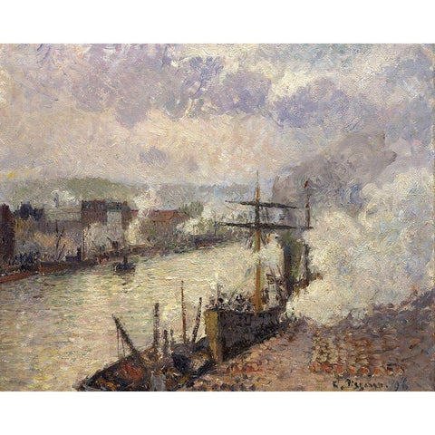 Steamboats in the Port of Rouen White Modern Wood Framed Art Print by Pissarro, Camille