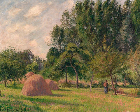 Haystacks, Morning, Eragny White Modern Wood Framed Art Print with Double Matting by Pissarro, Camille