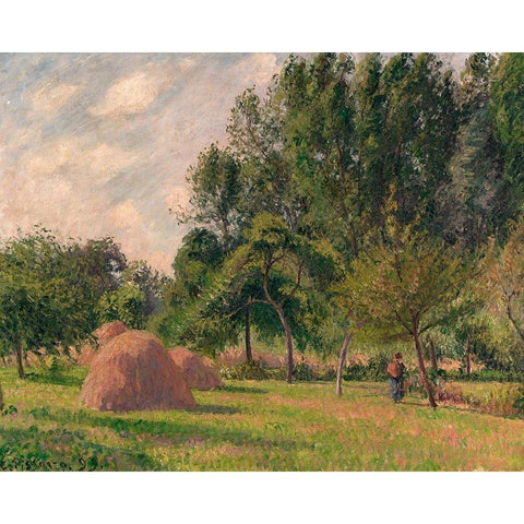 Haystacks, Morning, Eragny Black Modern Wood Framed Art Print with Double Matting by Pissarro, Camille