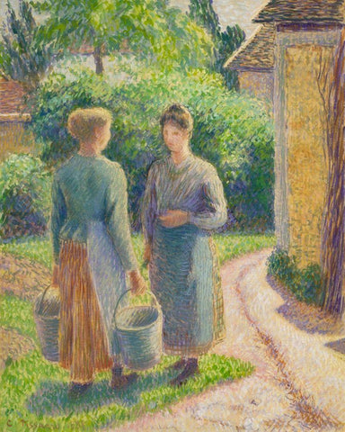 Two Women in a Garden White Modern Wood Framed Art Print with Double Matting by Pissarro, Camille