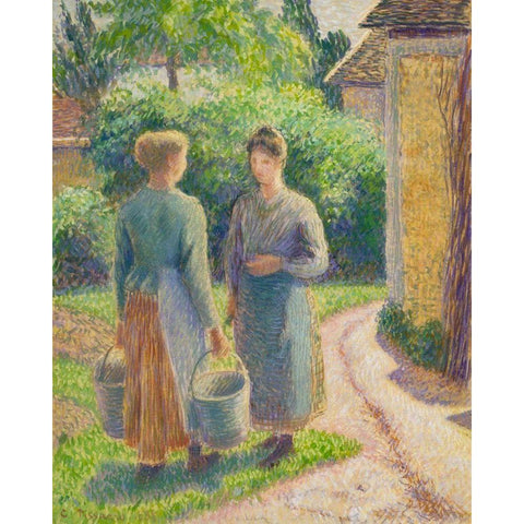 Two Women in a Garden Black Modern Wood Framed Art Print with Double Matting by Pissarro, Camille