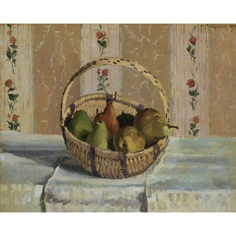 Still Life. Apples and Pears in a Round Basket Black Modern Wood Framed Art Print with Double Matting by Pissarro, Camille