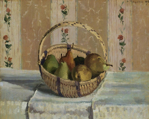 Still Life. Apples and Pears in a Round Basket Black Ornate Wood Framed Art Print with Double Matting by Pissarro, Camille