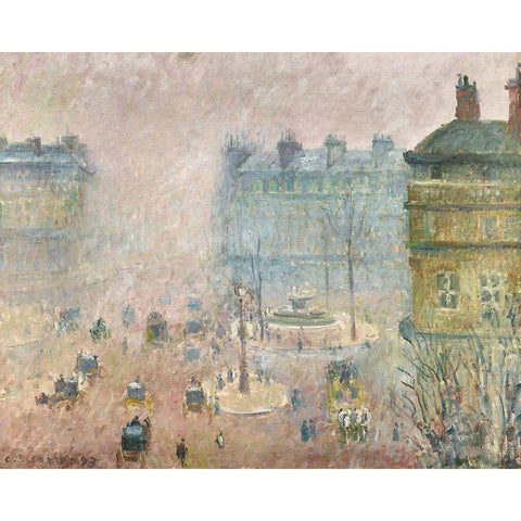 Place du Theatre Francais, Fog Effect Black Modern Wood Framed Art Print with Double Matting by Pissarro, Camille