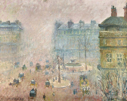 Place du Theatre Francais, Fog Effect Black Ornate Wood Framed Art Print with Double Matting by Pissarro, Camille