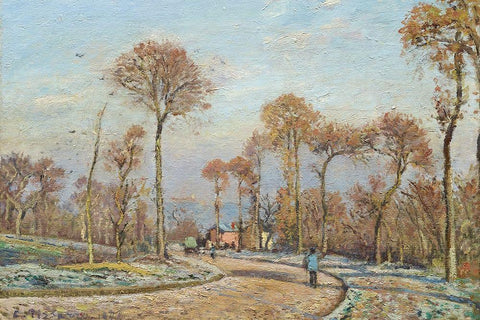 The Road to Versailles, Louveciennes, Morning Frost Black Ornate Wood Framed Art Print with Double Matting by Pissarro, Camille