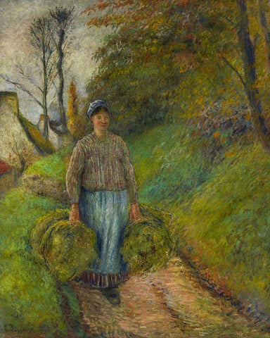 Peasant Woman Carrying Two Bundles of Hay Black Ornate Wood Framed Art Print with Double Matting by Pissarro, Camille