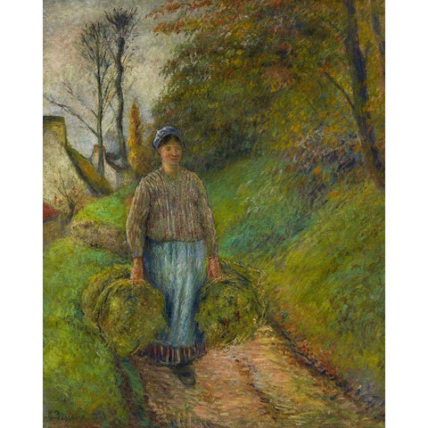 Peasant Woman Carrying Two Bundles of Hay White Modern Wood Framed Art Print by Pissarro, Camille