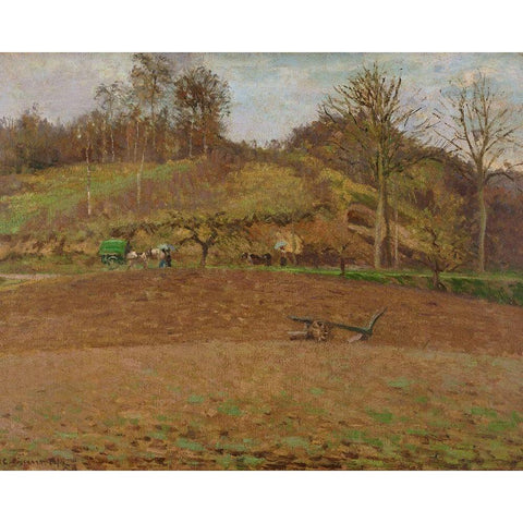 Ploughed land Black Modern Wood Framed Art Print with Double Matting by Pissarro, Camille