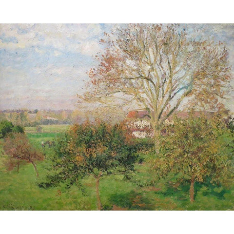 The Big Walnut Tree, Autumn Morning, Eragny Black Modern Wood Framed Art Print with Double Matting by Pissarro, Camille