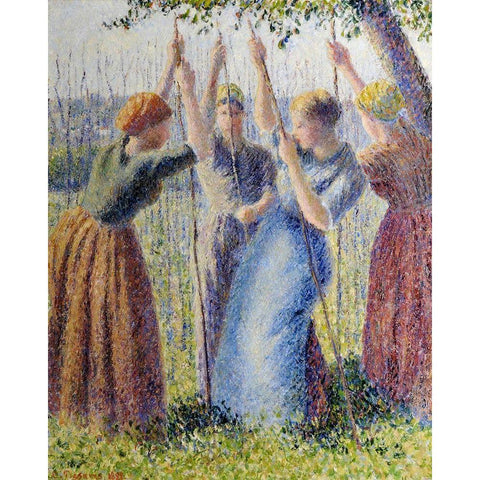 Peasant women planting White Modern Wood Framed Art Print by Pissarro, Camille