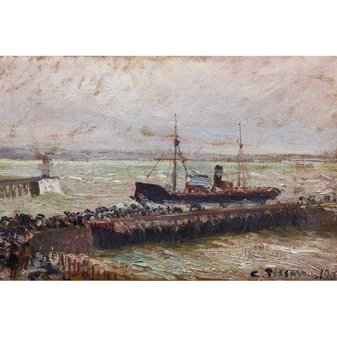 Entrance to the Harbour at Le Havre, Overcast Sky Black Modern Wood Framed Art Print with Double Matting by Pissarro, Camille