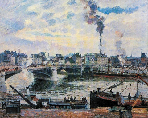 Le Grand-Pont, Rouen White Modern Wood Framed Art Print with Double Matting by Pissarro, Camille