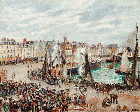 The Fish Market, Dieppe:,Grey Weather, Morning White Modern Wood Framed Art Print with Double Matting by Pissarro, Camille