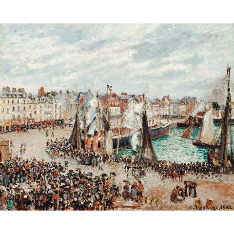 The Fish Market, Dieppe:,Grey Weather, Morning Black Modern Wood Framed Art Print by Pissarro, Camille