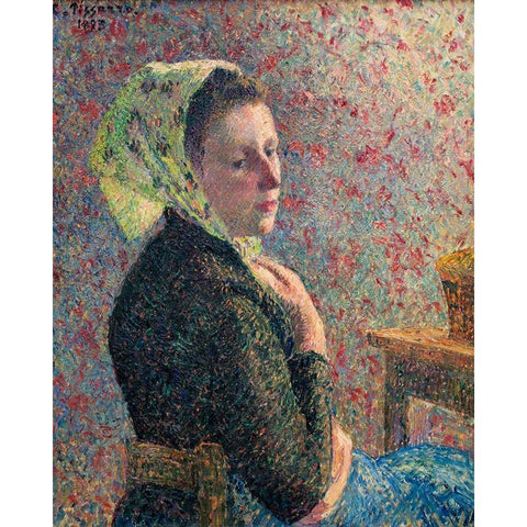 Woman with green scarf Black Modern Wood Framed Art Print with Double Matting by Pissarro, Camille