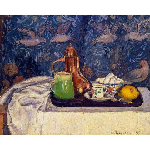 Still Life with a Coffeepot Black Modern Wood Framed Art Print with Double Matting by Pissarro, Camille