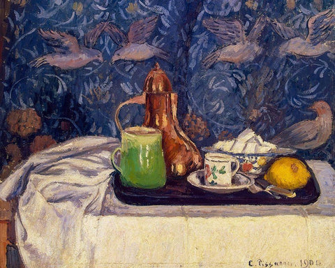 Still Life with a Coffeepot White Modern Wood Framed Art Print with Double Matting by Pissarro, Camille