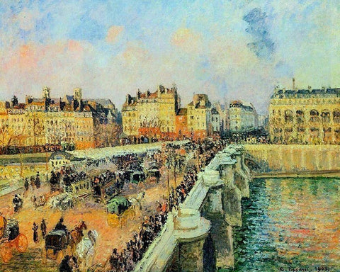 Pont Neuf, Afternoon, SunlightÂ  White Modern Wood Framed Art Print with Double Matting by Pissarro, Camille