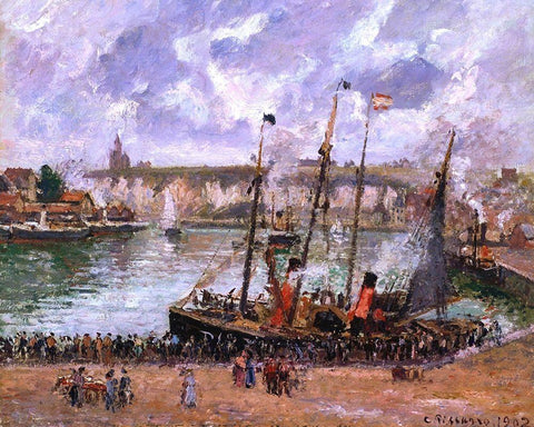 Harbor at Dieppe Black Ornate Wood Framed Art Print with Double Matting by Pissarro, Camille