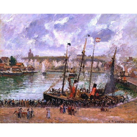 Harbor at Dieppe White Modern Wood Framed Art Print by Pissarro, Camille