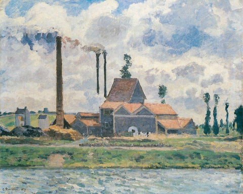 Factory at Saint-Ouen-lAumone White Modern Wood Framed Art Print with Double Matting by Pissarro, Camille