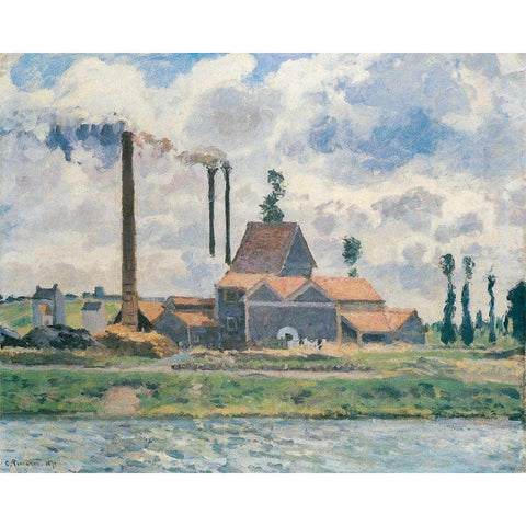 Factory at Saint-Ouen-lAumone Black Modern Wood Framed Art Print with Double Matting by Pissarro, Camille
