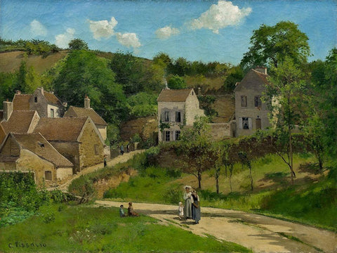 The Hermitage at Pontoise Black Ornate Wood Framed Art Print with Double Matting by Pissarro, Camille