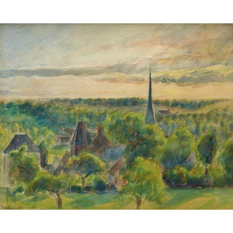 Landscape at Eragny White Modern Wood Framed Art Print by Pissarro, Camille