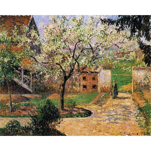 Plum Trees in Blossom, Eragny White Modern Wood Framed Art Print by Pissarro, Camille