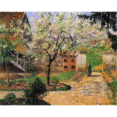 Plum Trees in Blossom, Eragny Gold Ornate Wood Framed Art Print with Double Matting by Pissarro, Camille