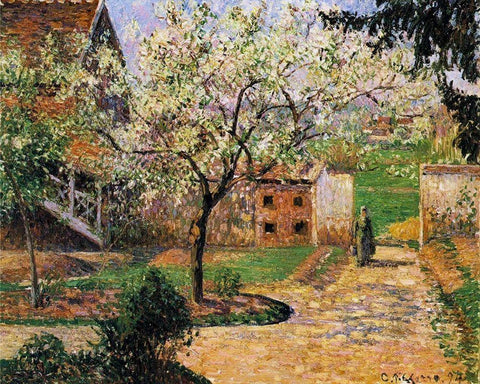 Plum Trees in Blossom, Eragny White Modern Wood Framed Art Print with Double Matting by Pissarro, Camille