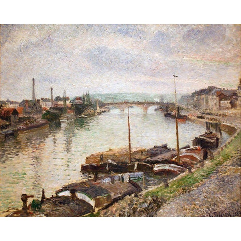 The Stone Bridge and Barges at Rouen White Modern Wood Framed Art Print by Pissarro, Camille