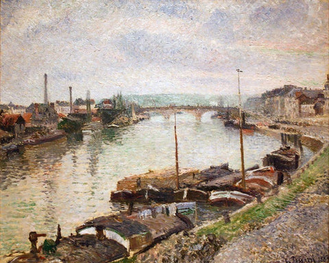 The Stone Bridge and Barges at Rouen Black Ornate Wood Framed Art Print with Double Matting by Pissarro, Camille