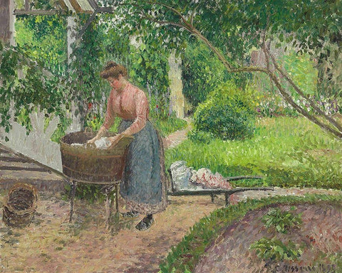 Washer in the garden, Eragny  Black Ornate Wood Framed Art Print with Double Matting by Pissarro, Camille