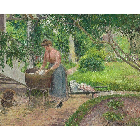 Washer in the garden, Eragny  White Modern Wood Framed Art Print by Pissarro, Camille