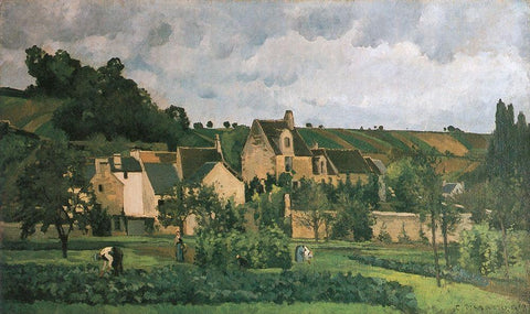 The Hermitage in Pontoise Black Ornate Wood Framed Art Print with Double Matting by Pissarro, Camille