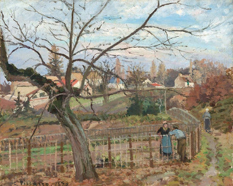 The Fence Black Ornate Wood Framed Art Print with Double Matting by Pissarro, Camille