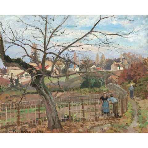 The Fence White Modern Wood Framed Art Print by Pissarro, Camille