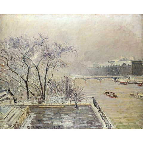 The Louvre under Snow Gold Ornate Wood Framed Art Print with Double Matting by Pissarro, Camille