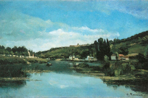 The Marne at Chennevieres White Modern Wood Framed Art Print with Double Matting by Pissarro, Camille