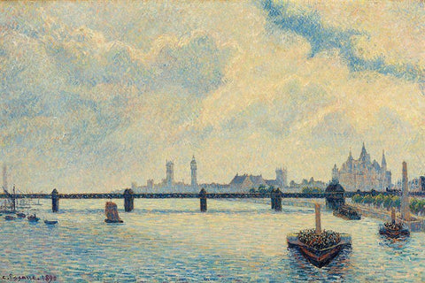 Charing Cross Bridge, London White Modern Wood Framed Art Print with Double Matting by Pissarro, Camille