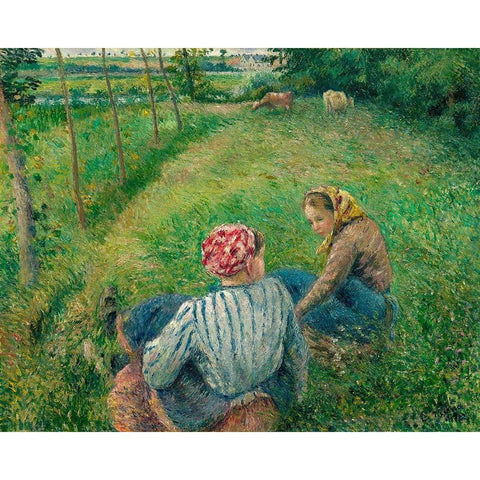 Young Peasant Girls Resting in the Fields near Pontoise Gold Ornate Wood Framed Art Print with Double Matting by Pissarro, Camille