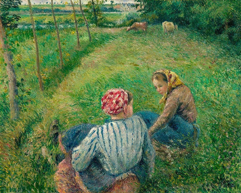 Young Peasant Girls Resting in the Fields near Pontoise Black Ornate Wood Framed Art Print with Double Matting by Pissarro, Camille