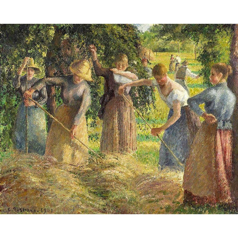 Hay Harvest at Eragny Black Modern Wood Framed Art Print with Double Matting by Pissarro, Camille