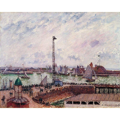 The Pilots Jetty, Le Havre Gold Ornate Wood Framed Art Print with Double Matting by Pissarro, Camille